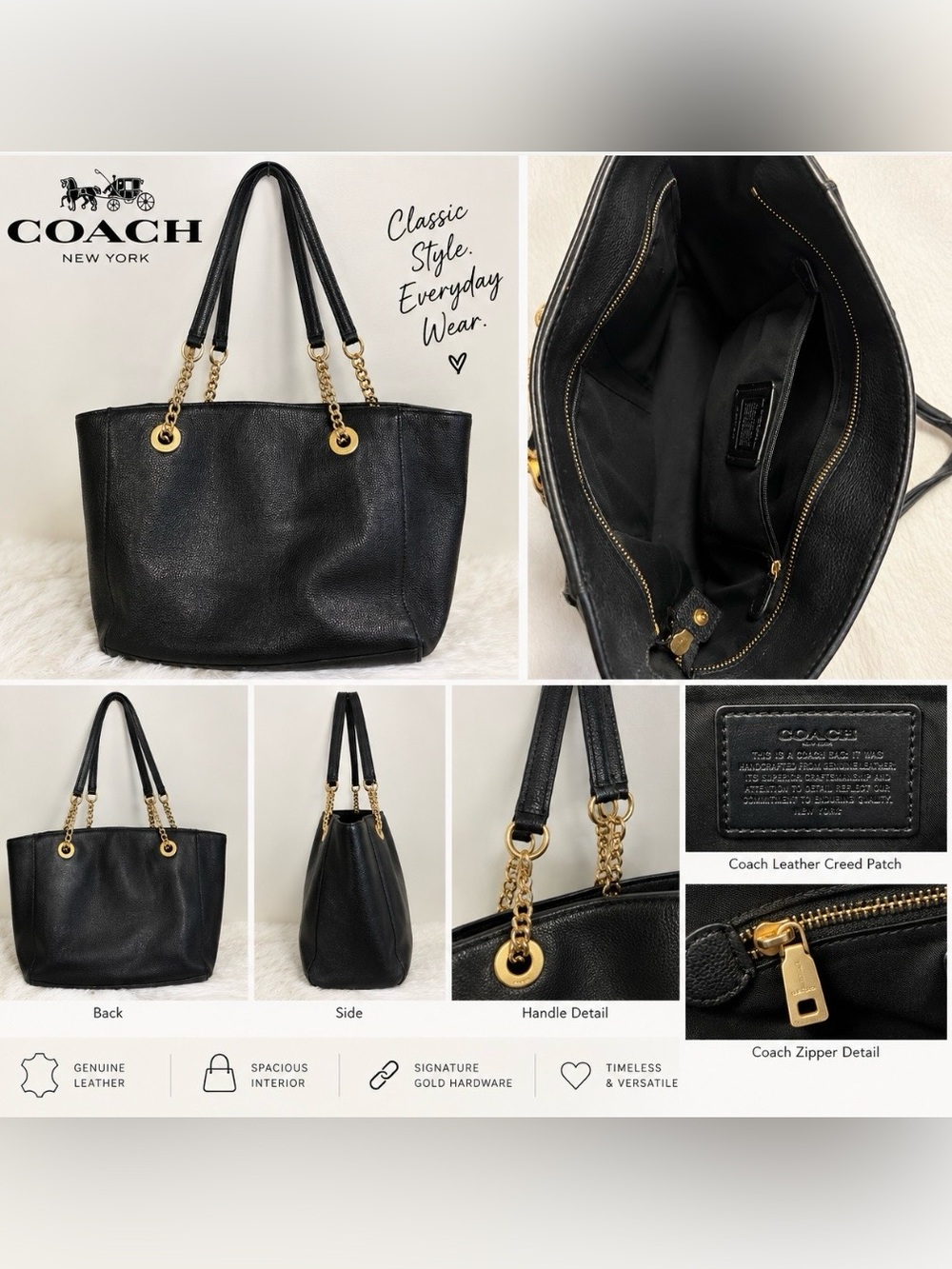 Coach Black Pebbled Leather Tote with Gold Chain Handles